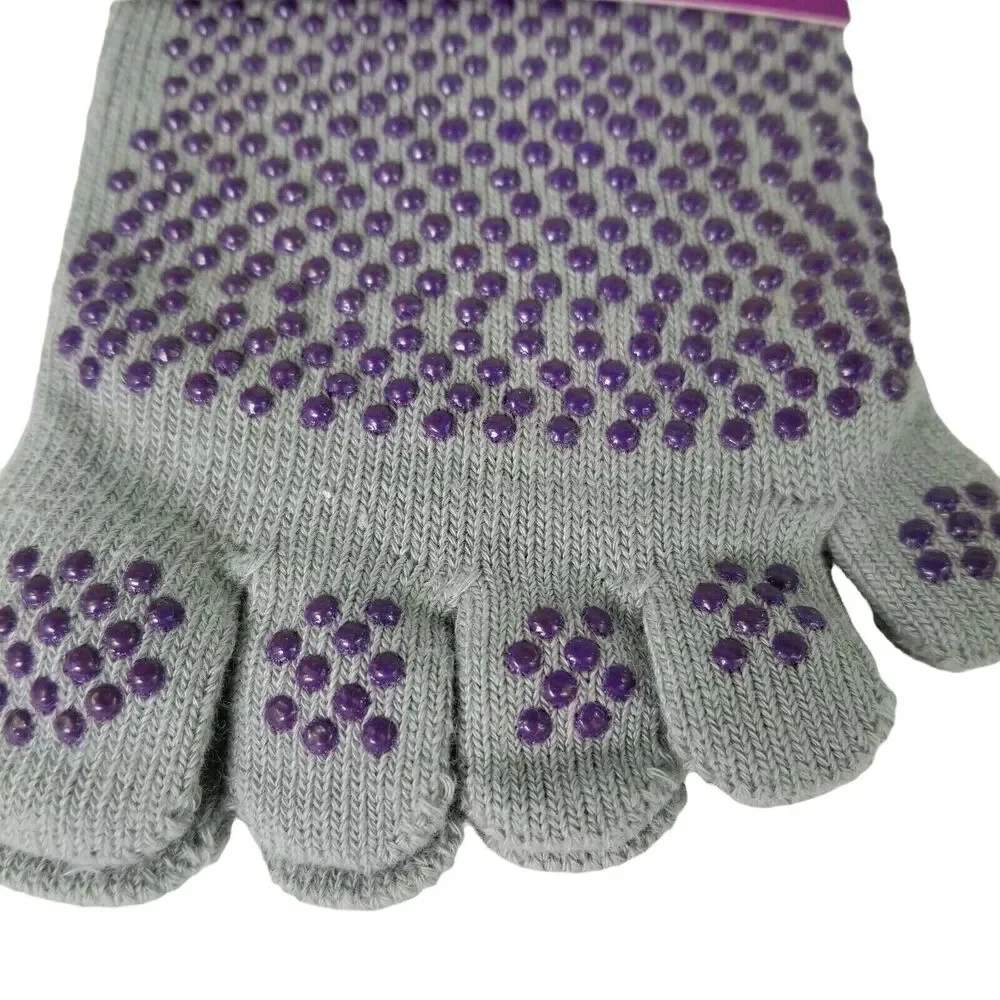 Lotus Yoga Socks Gray Non Slip Grip Purple Silicone Dots Women's Shoe Sizes 5-10